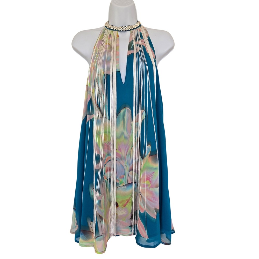Cupshe Blue Floral Chiffon Fringe Halter Dress Size S Boho Resort Party Cocktail - Picture 2 of 9